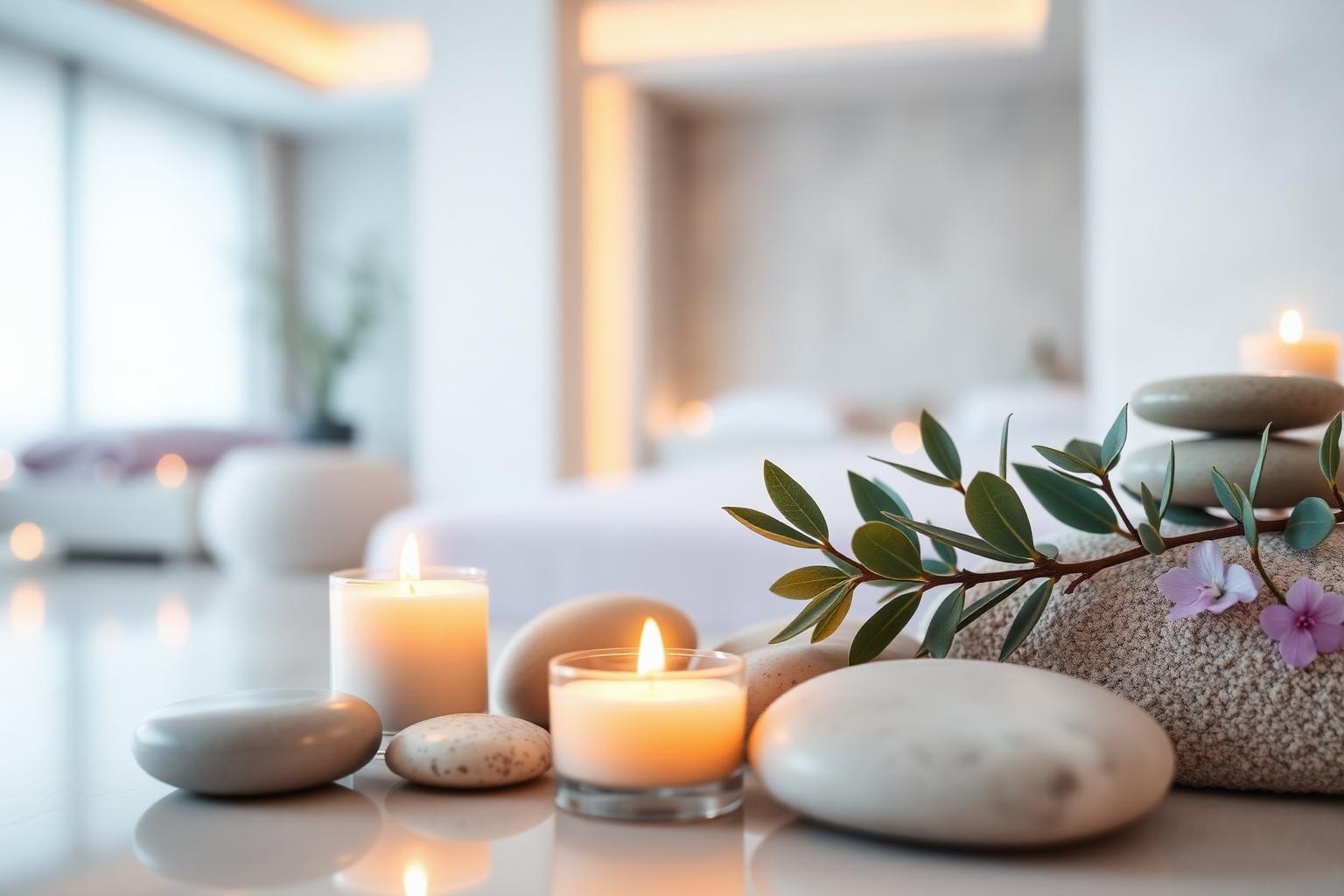 Ambiente acolhedor do Espaço Humanizen com velas e elementos terapêuticos